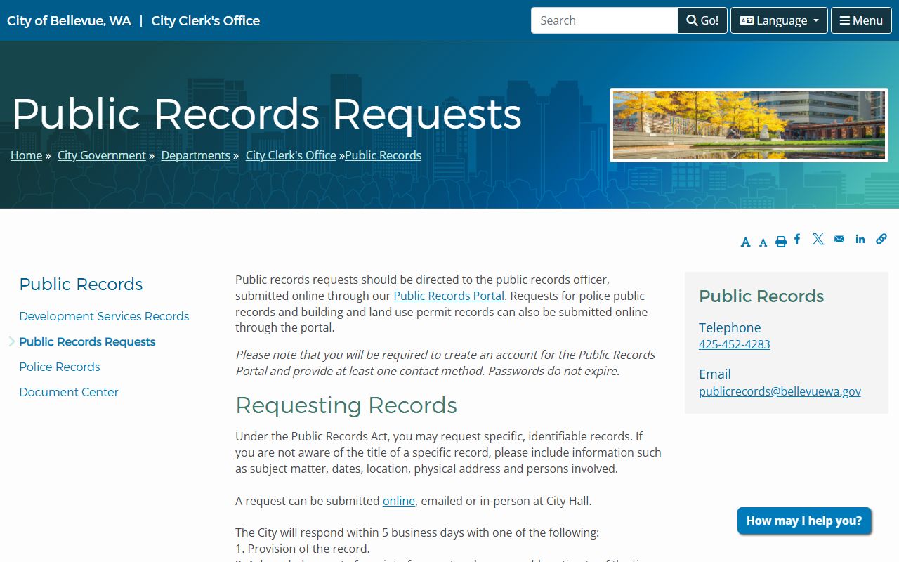 City of Bellevue public records requests portal page