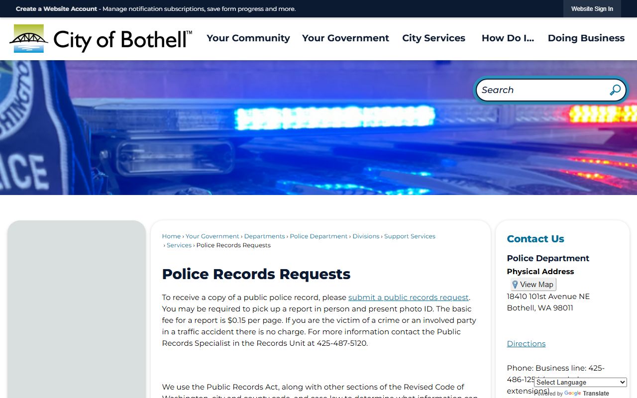 Bothell Police Department records request page
