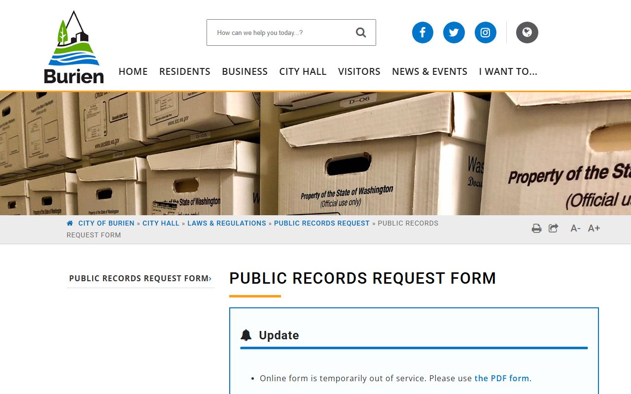 City of Burien public records request form page