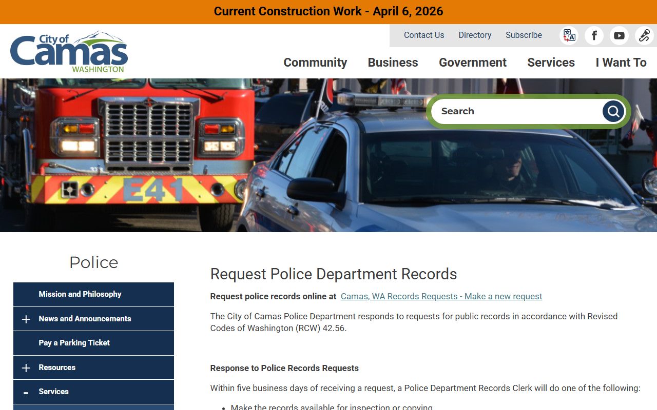 Camas Police Department records request page