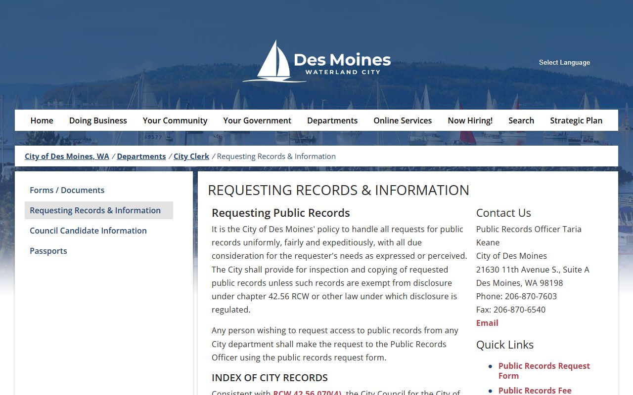Des Moines City Clerk records request page