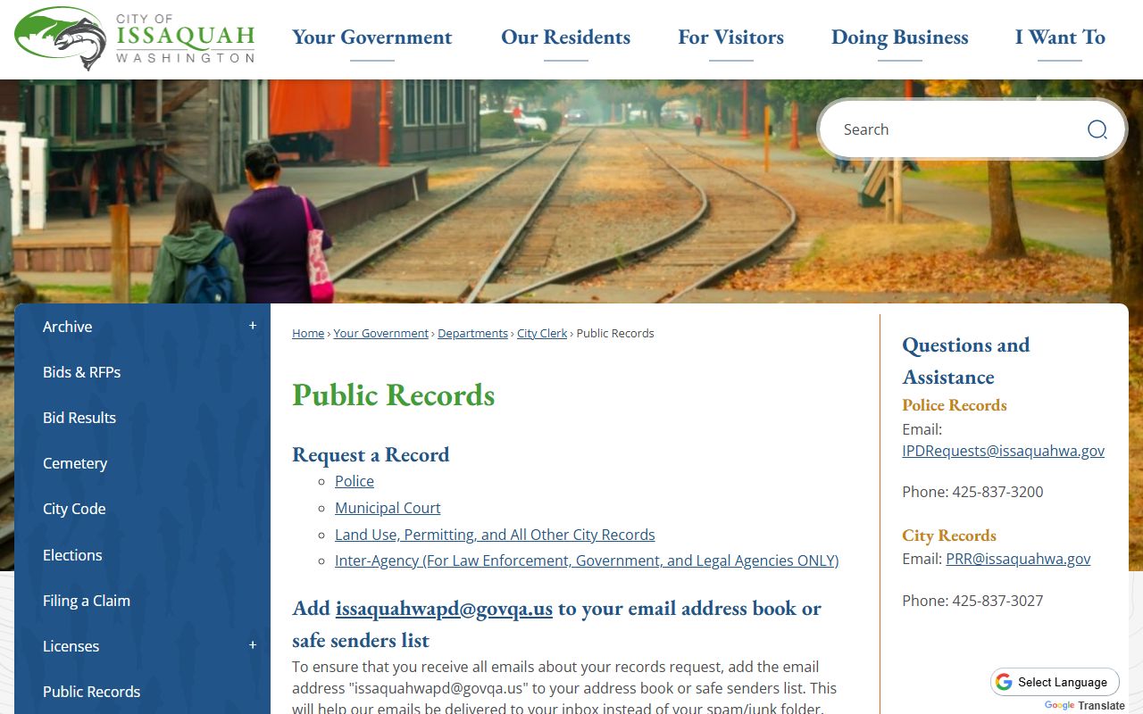 Issaquah public records page with fee schedule and contact information