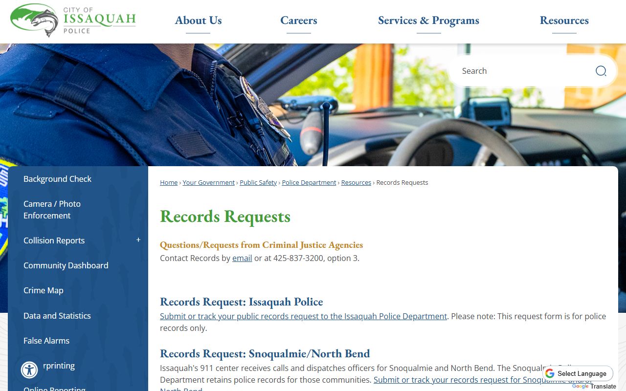 Issaquah police department records request submission page
