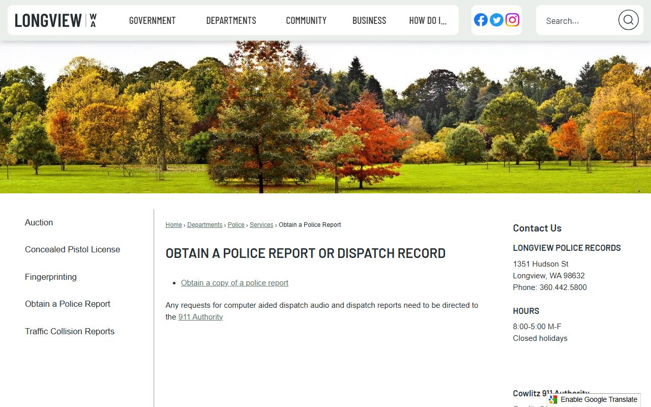 Longview police report request page