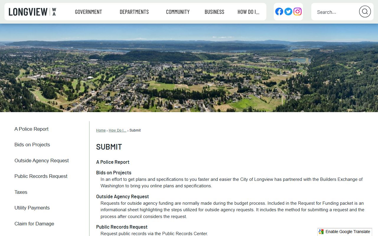 Longview online police report and records submission page