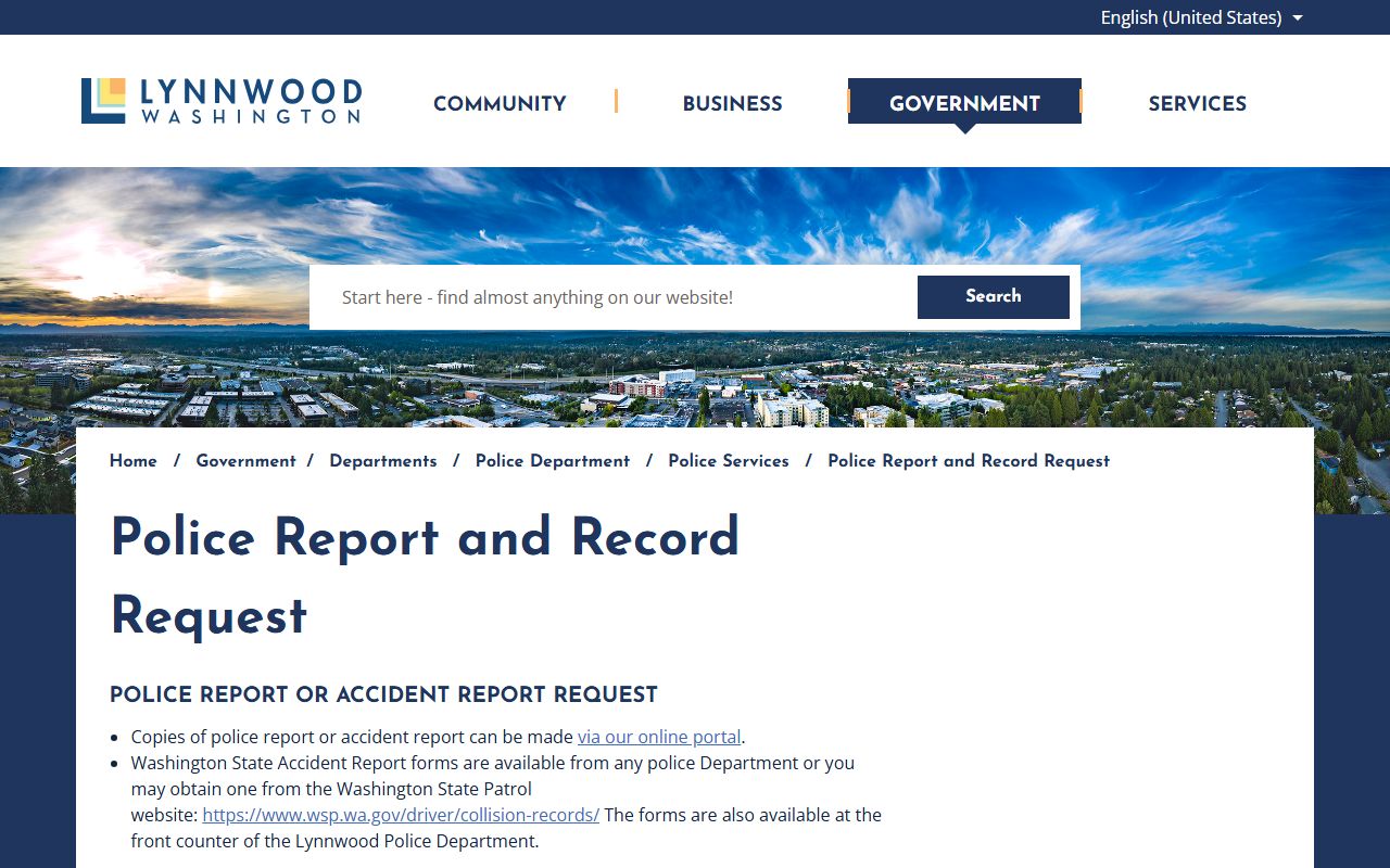 Lynnwood police report and records request page