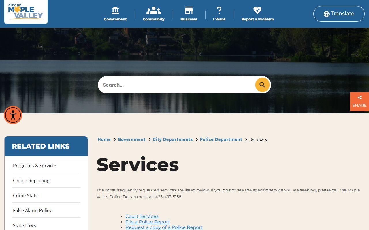 Maple Valley Police Department services page