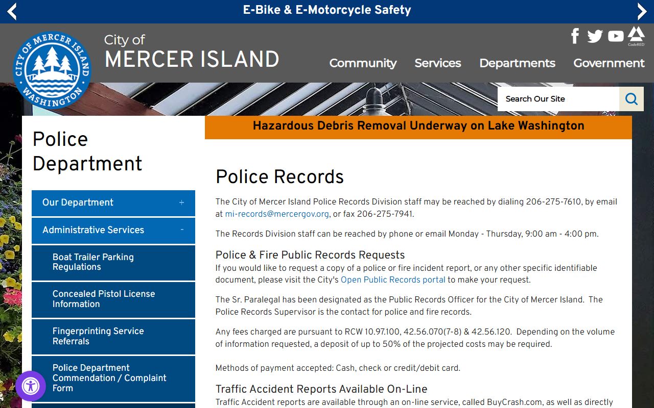 Mercer Island Police Records Division page