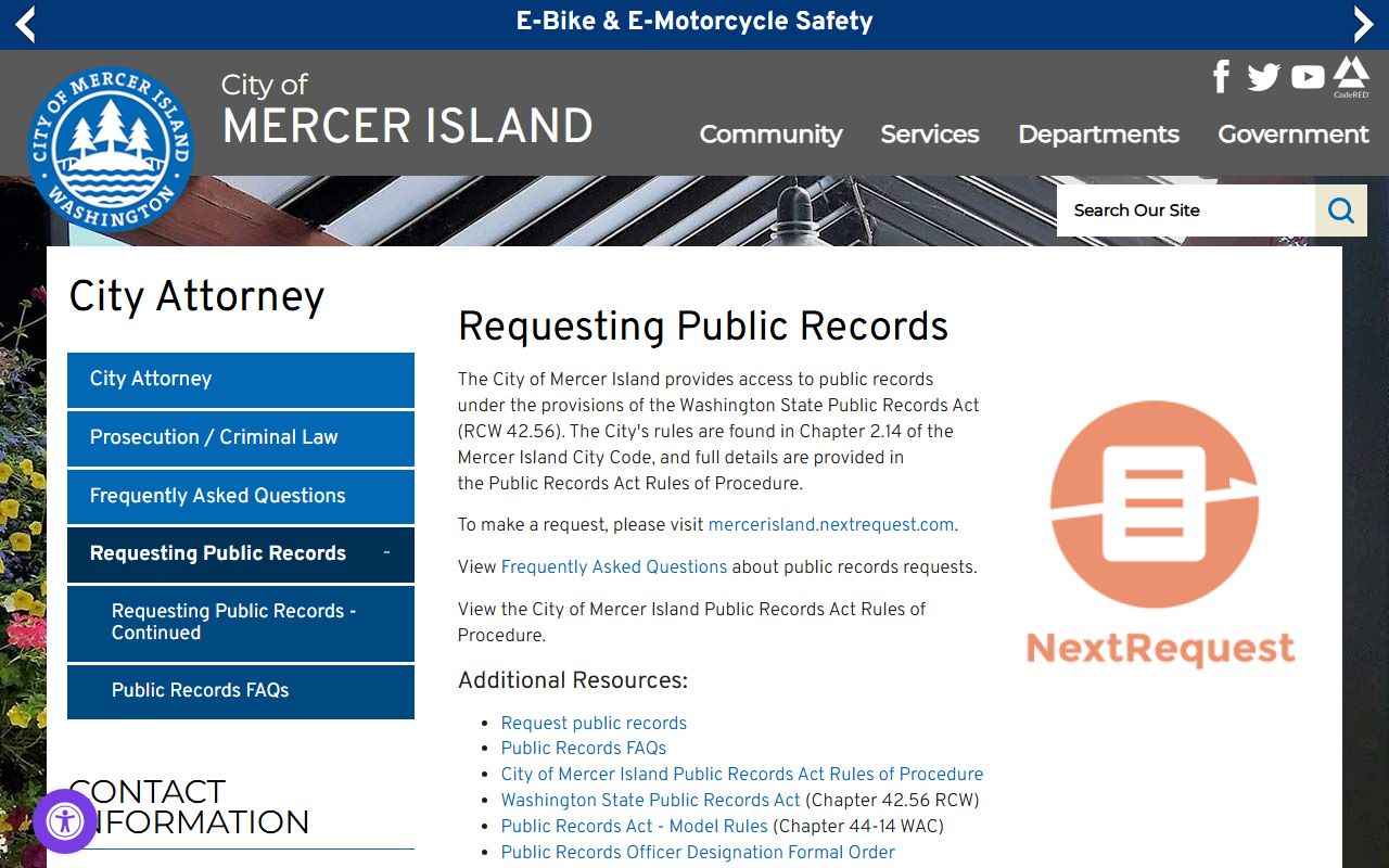 Mercer Island public records request page