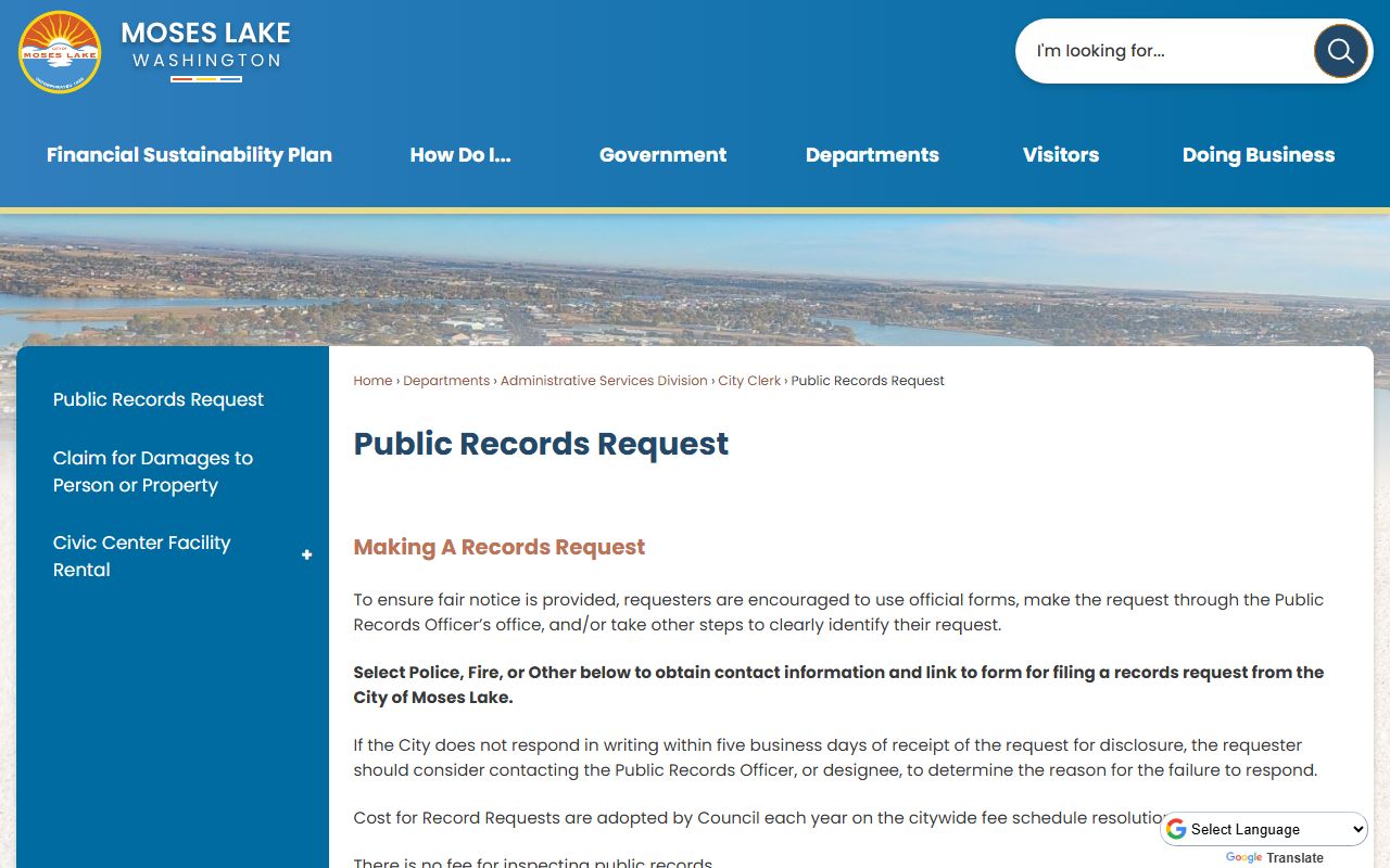Moses Lake public records request page