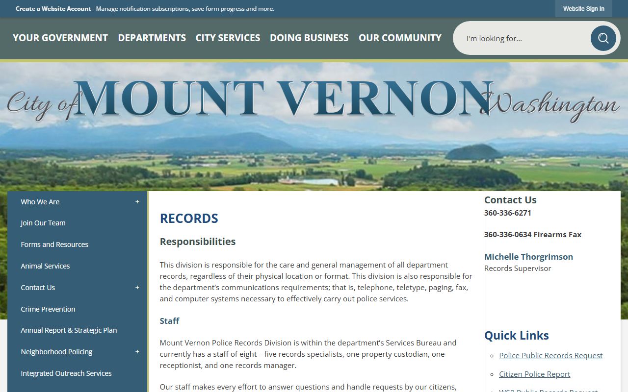 Mount Vernon Police Department Records Division page