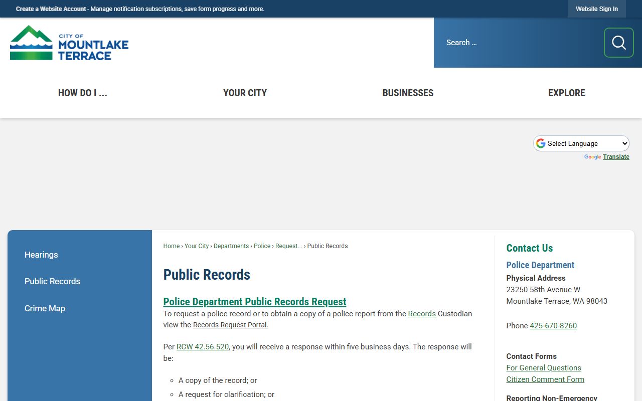 Mountlake Terrace public records request portal