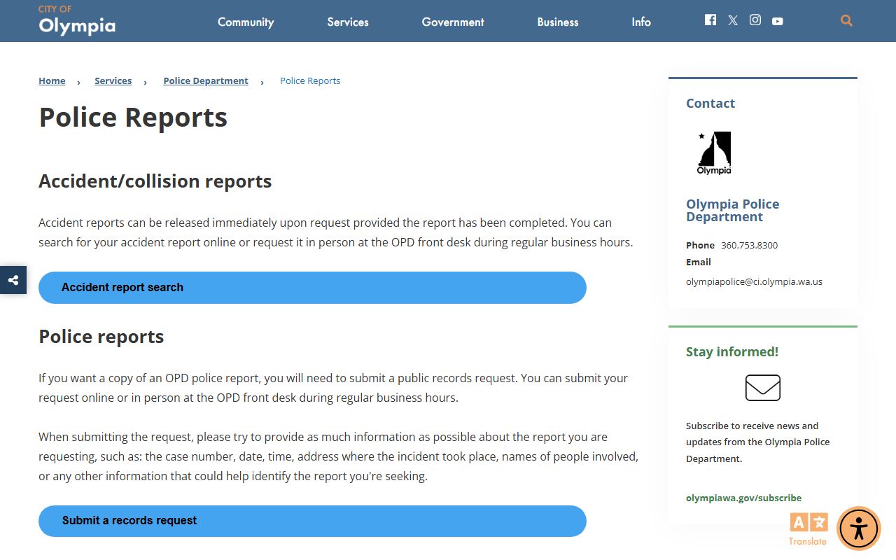 Olympia police reports and public records request page