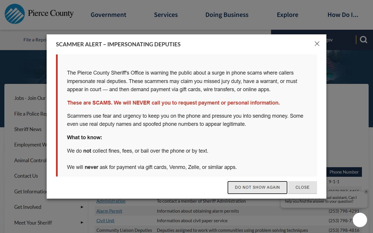 Pierce County Sheriff contact information for Parkland