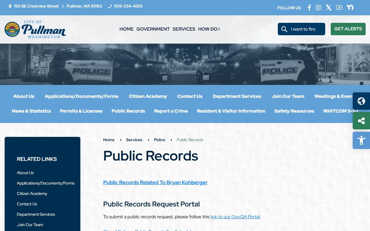 Pullman Police Department public records page