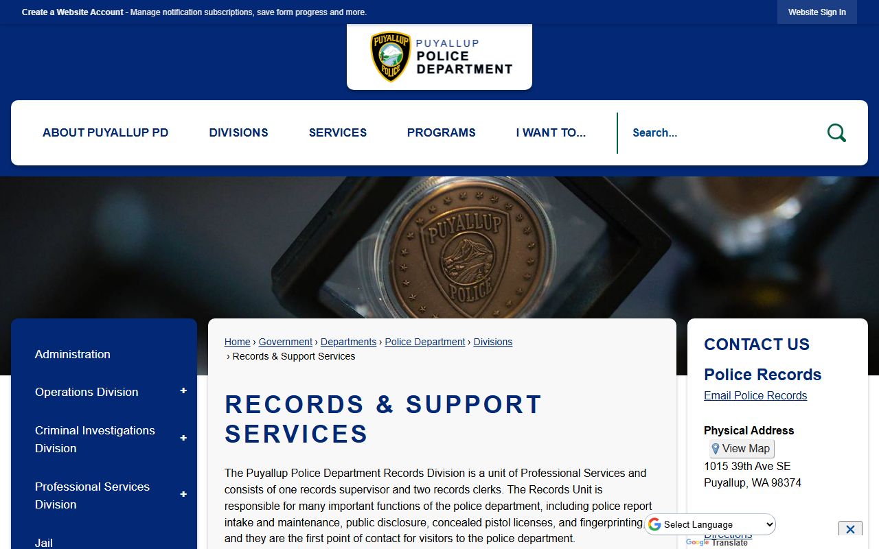Puyallup Police Department Records Support Services page
