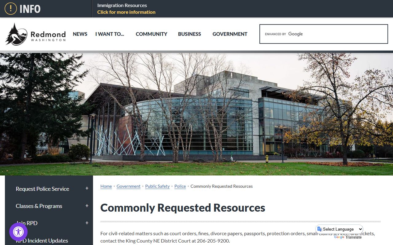 Redmond Police commonly requested resources page