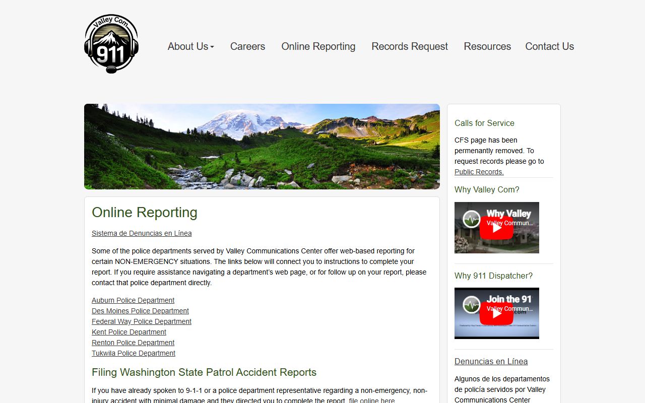 Valley Communications Center online reporting for Renton