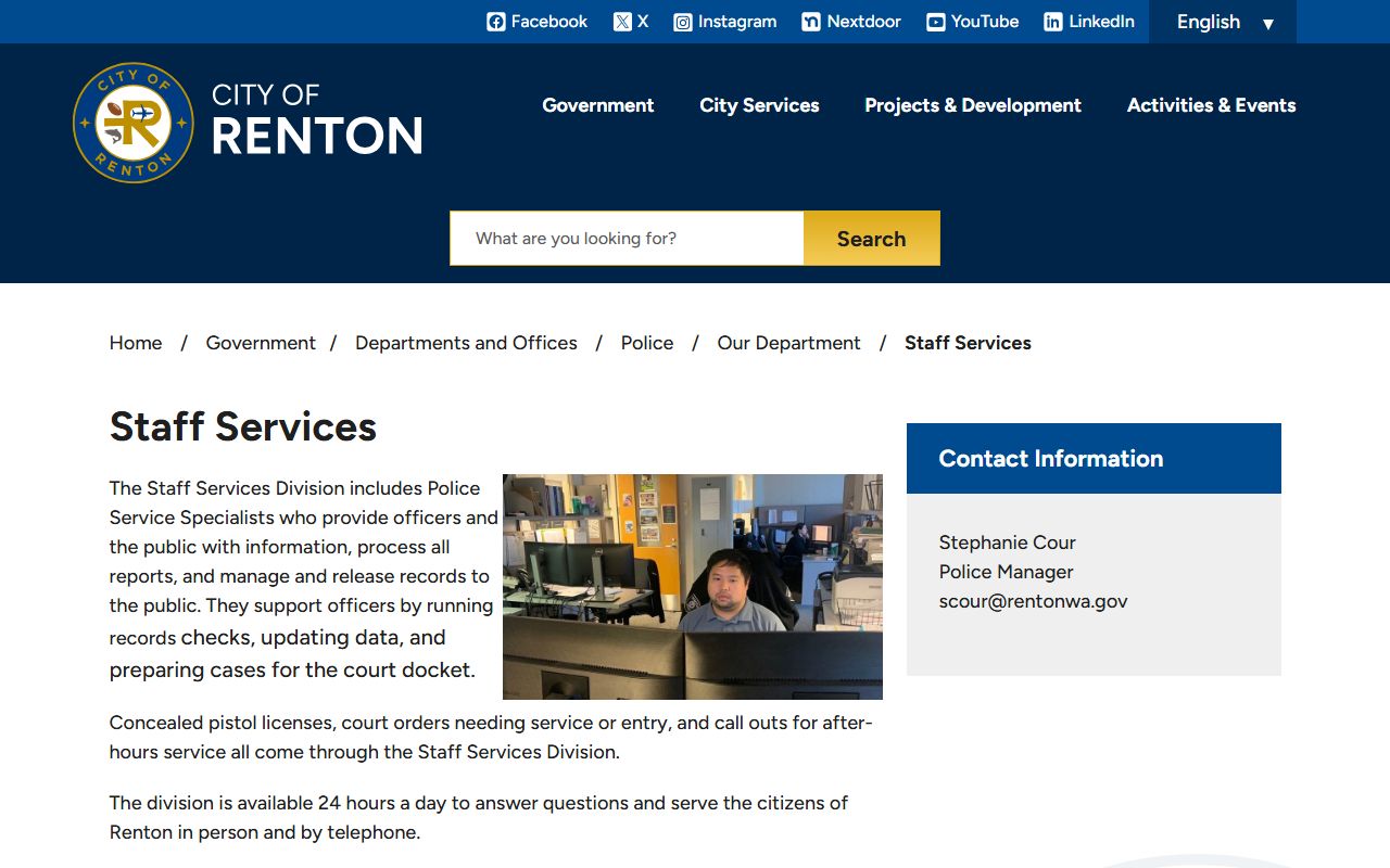 Renton Police Department Staff Services page