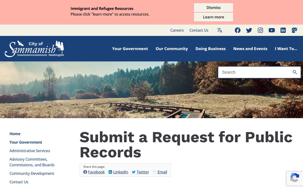 Sammamish public records request portal showing submission options and city clerk contact information