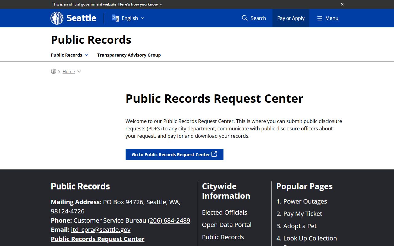 City of Seattle public records request center for all city departments
