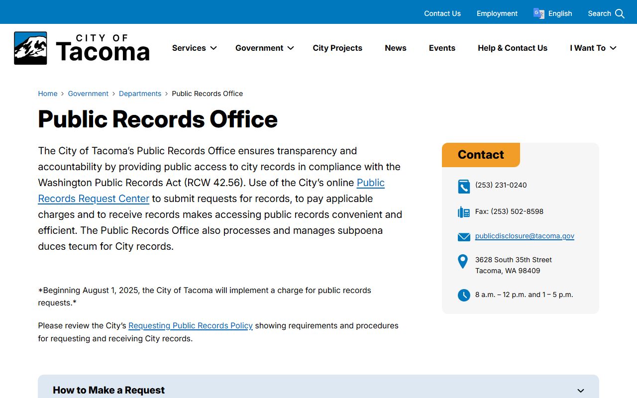 City of Tacoma Public Records Office disclosure page