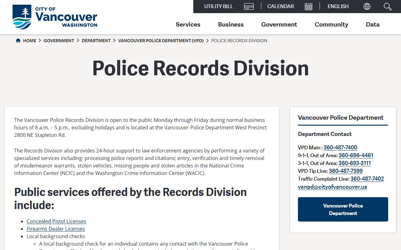 Vancouver Police Department Records Division page showing public records services and hours