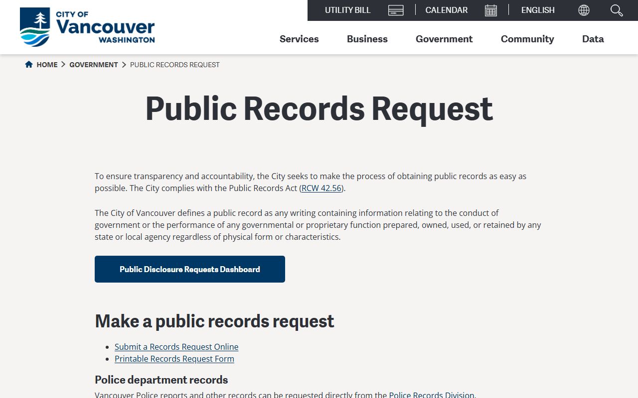 City of Vancouver public records request portal showing submission methods and fee schedule