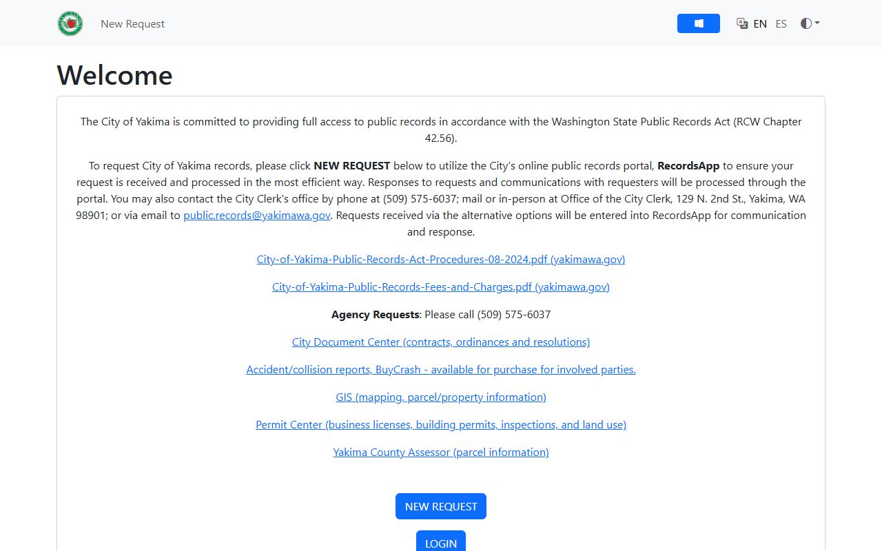 City of Yakima RecordTrac public records portal where police records requests are submitted