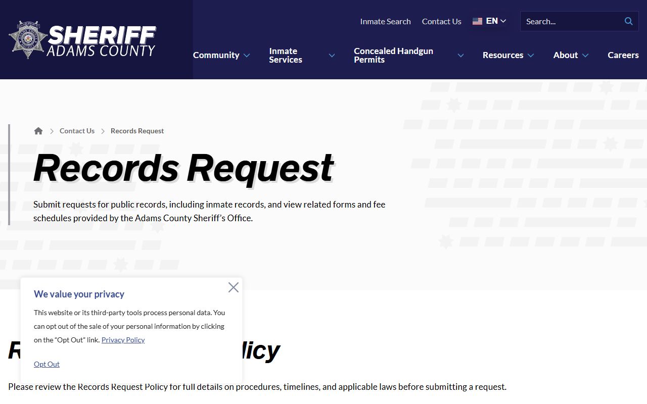 Adams County Sheriff's Office records request portal