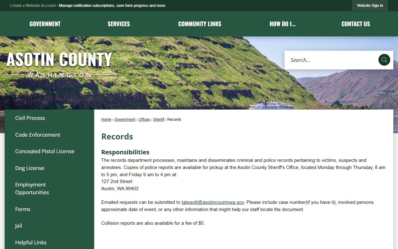 Asotin County Sheriff's Office records division page