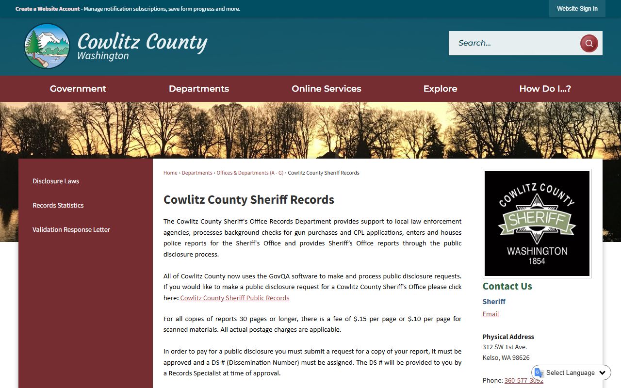Cowlitz County Sheriff Records Department page showing GovQA portal and records request information