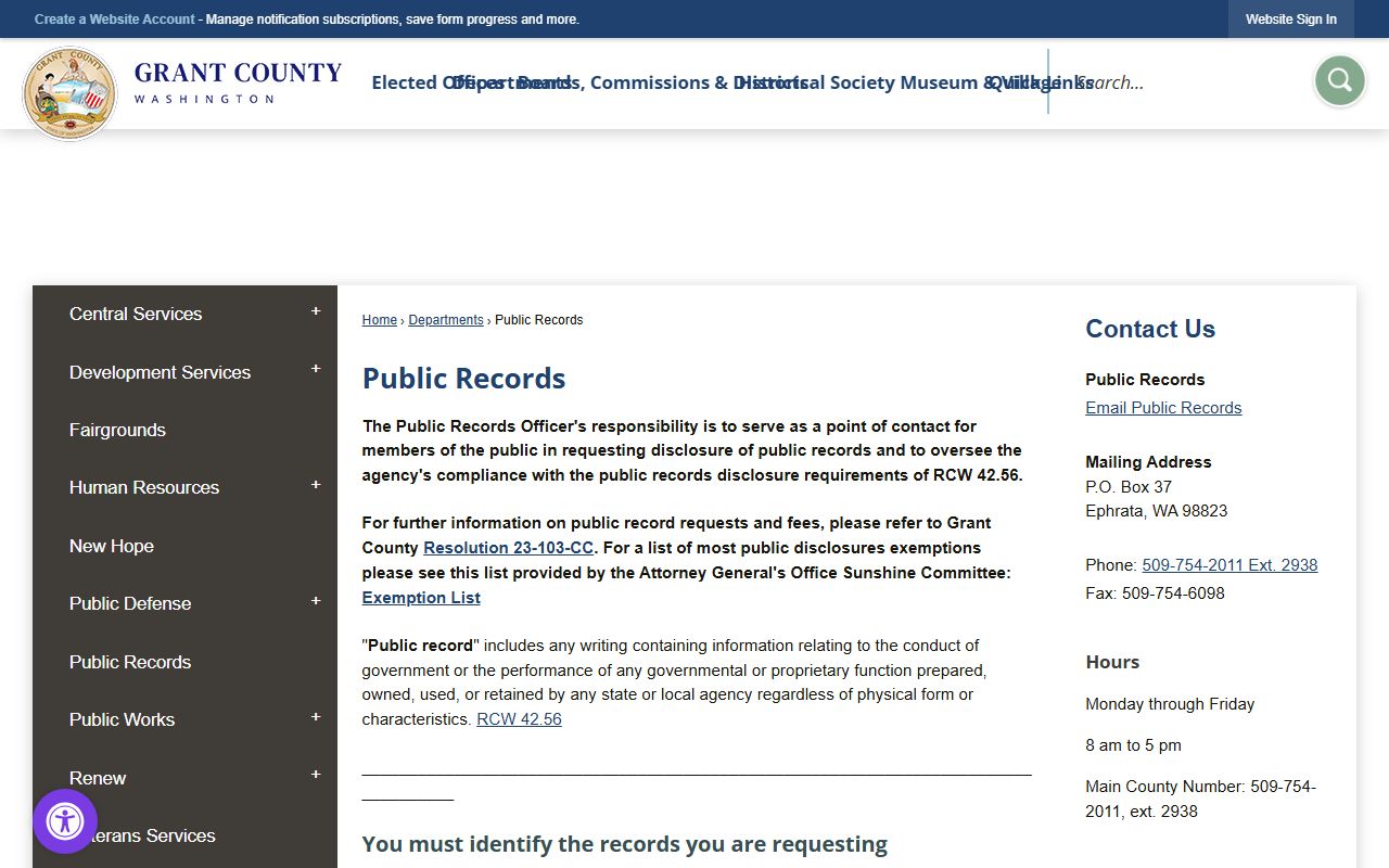 Grant County public records request portal for police records