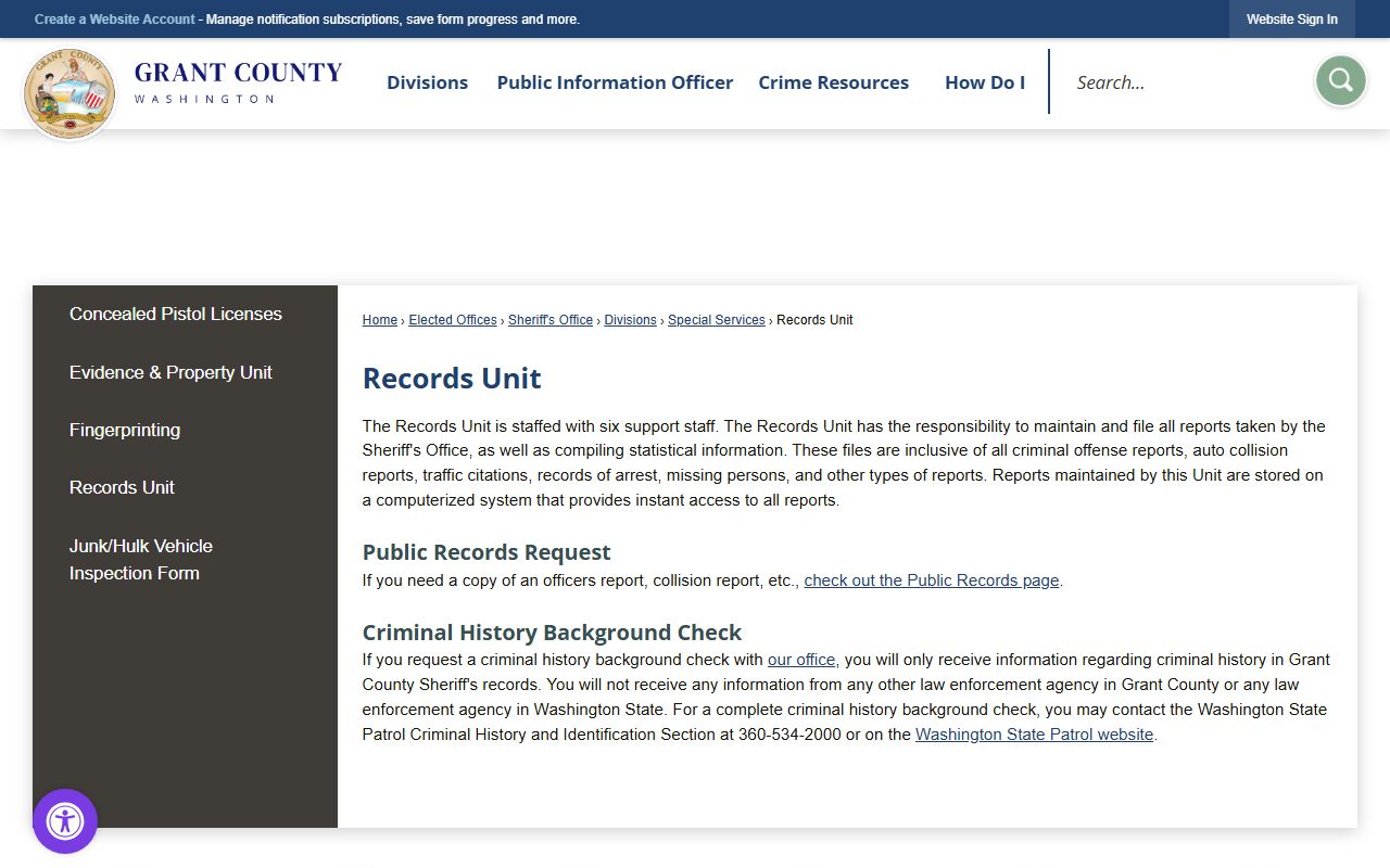 Grant County Sheriff's Office Records Unit police records