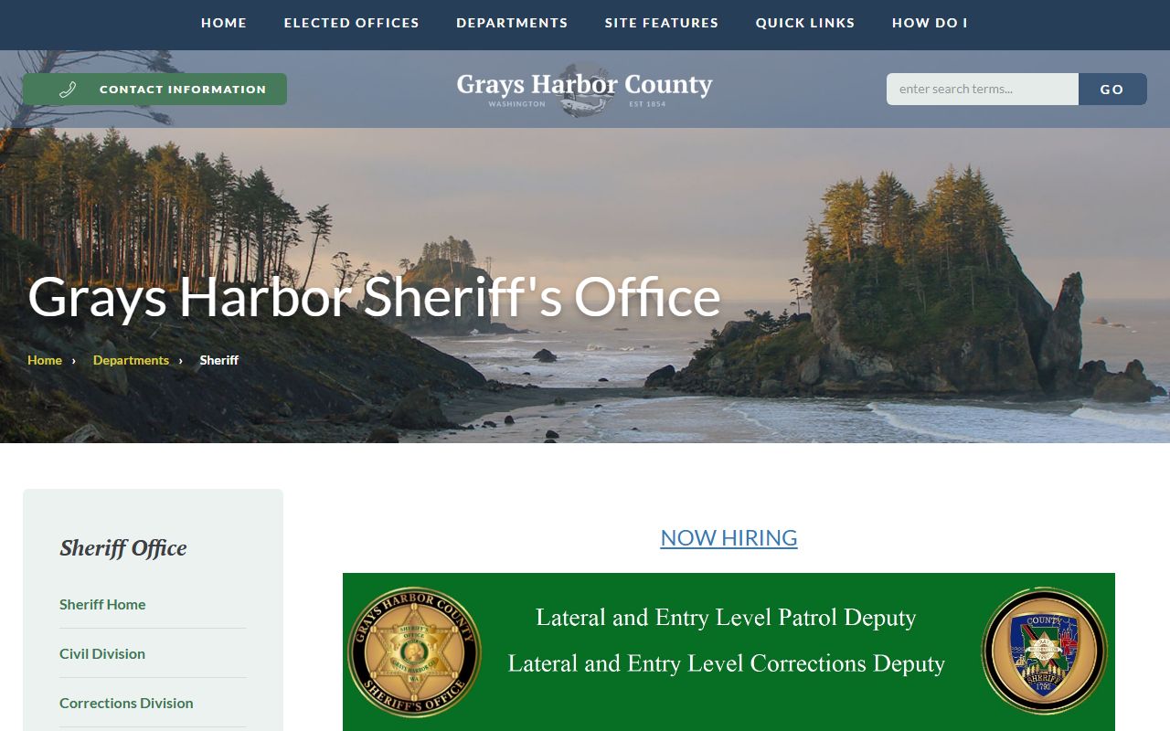 Grays Harbor County Sheriff's Office website showing contact information and law enforcement services