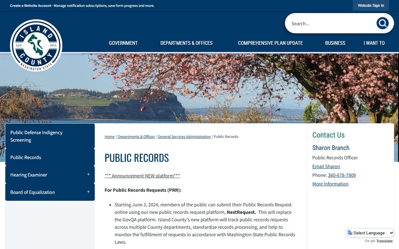 Island County public records portal showing NextRequest platform information and submission instructions