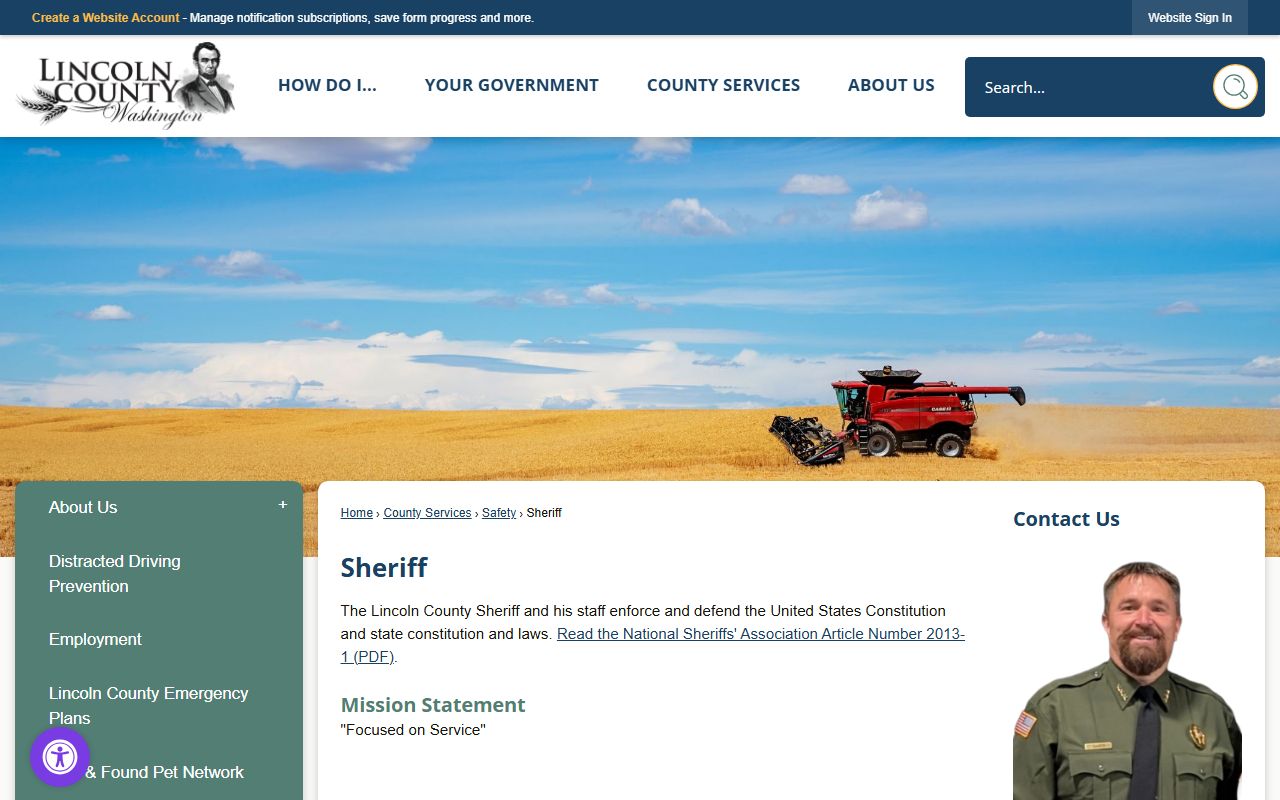 Lincoln County Sheriff's Office page listing public records request link and office location in Davenport