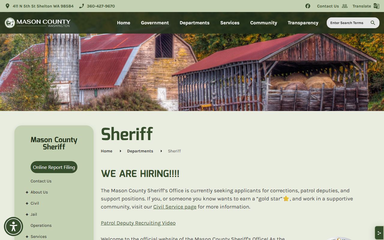 Mason County Sheriff's Office website showing public records request options, FAQs, and GovQA portal link