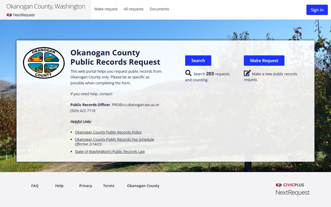 Okanogan County NextRequest public records portal for submitting and tracking public records requests
