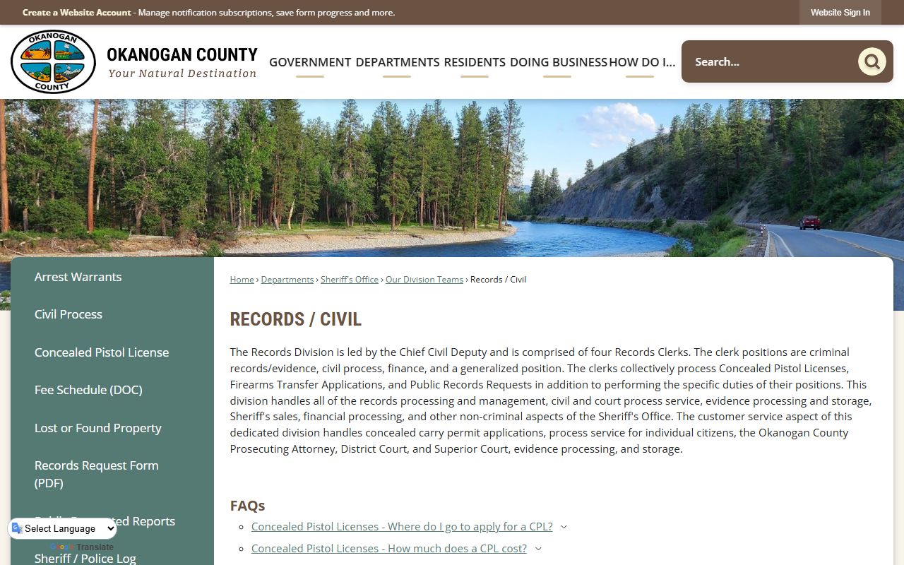 Okanogan County Sheriff's Office Records and Civil Division page listing functions including CPL processing and public records requests