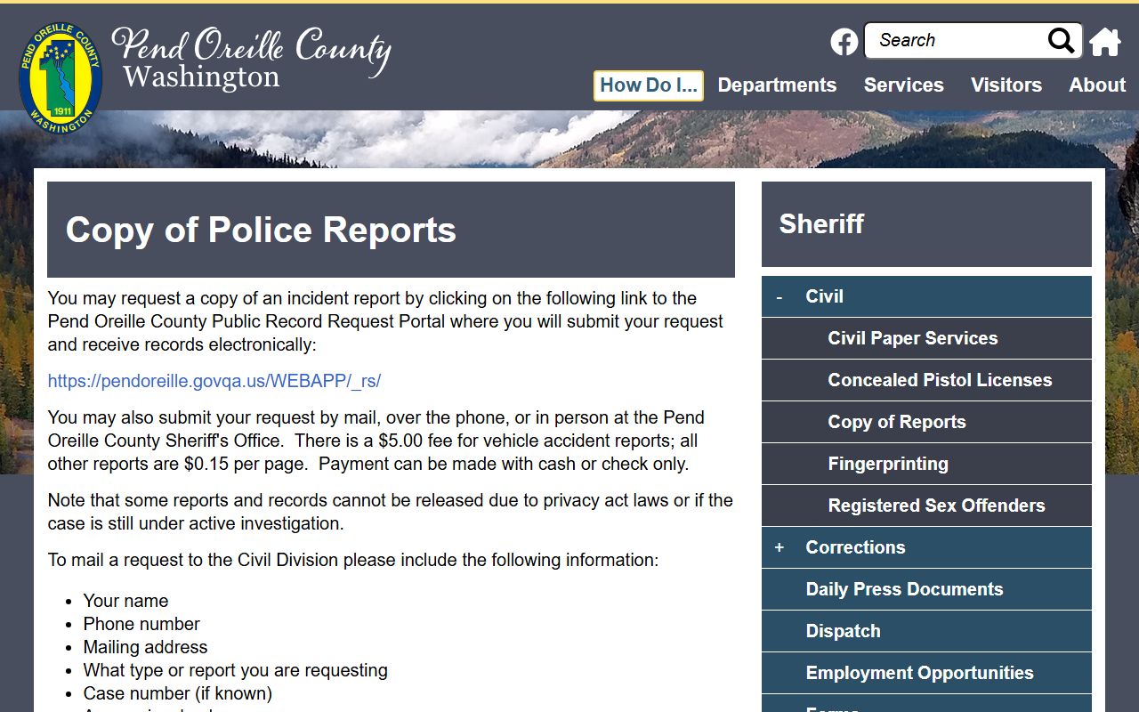 Pend Oreille County copy of police reports instructions