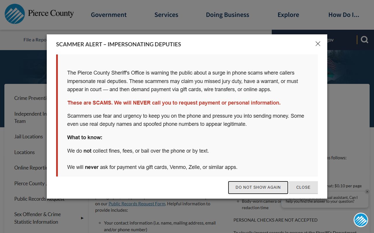 Pierce County Sheriff's Department public records request page with information about South Sound 911 records coordination