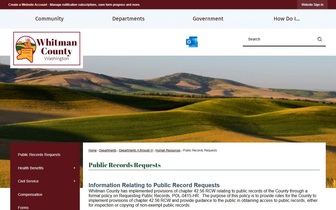 Whitman County public records requests page for police records and Sheriff's Office