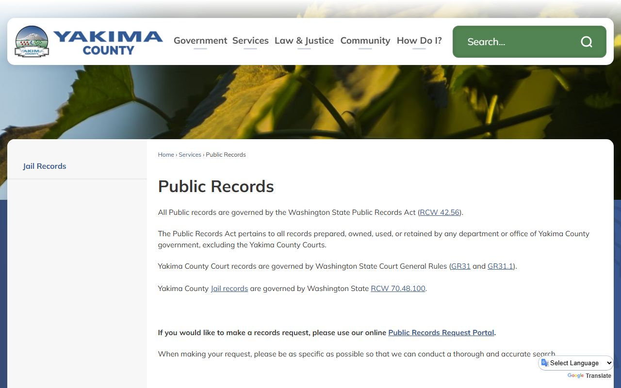 Yakima County public records page for submitting police records requests online