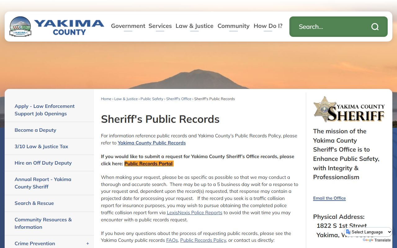 Yakima County Sheriff's Office public records section for police records requests