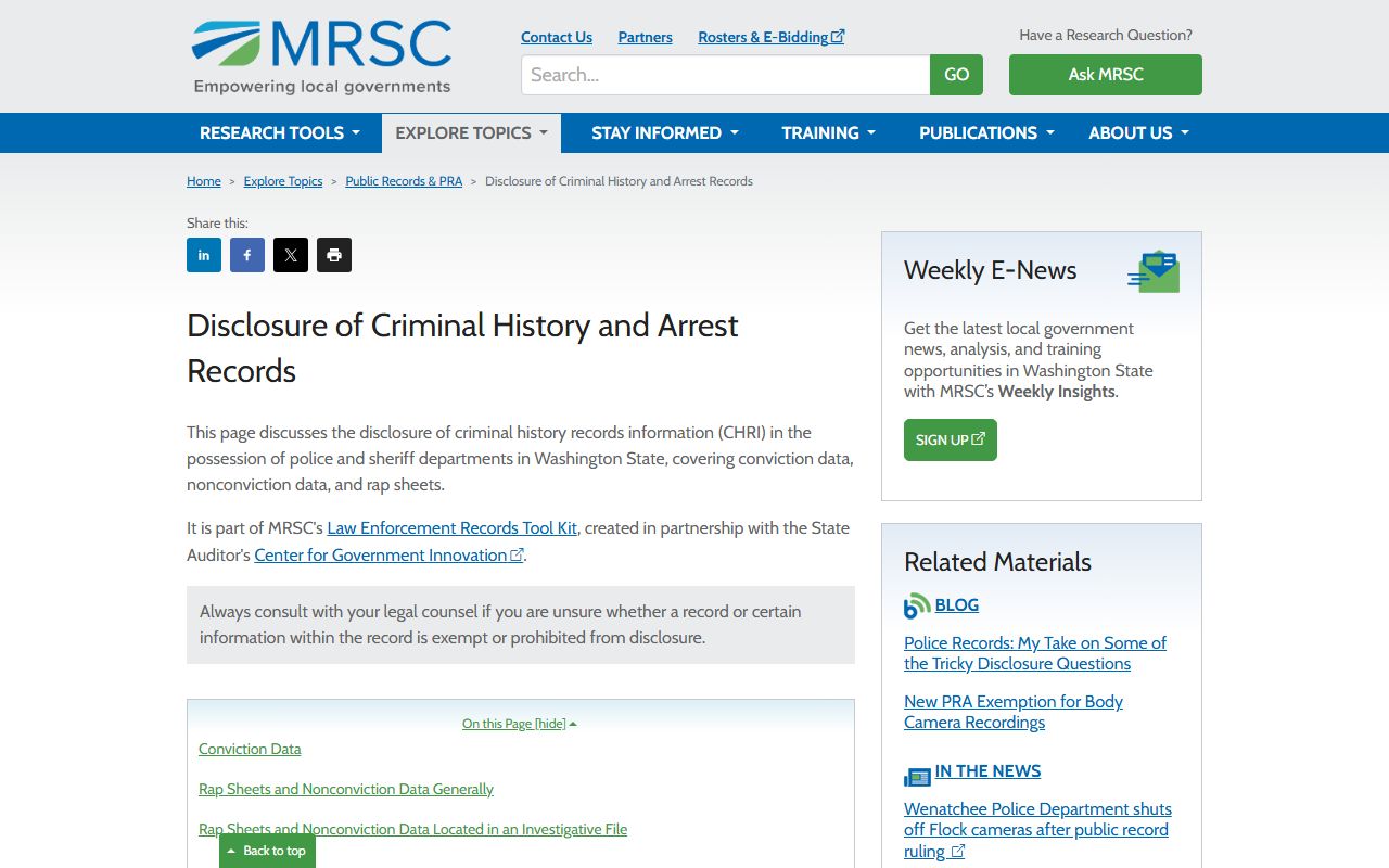 MRSC guide to Washington criminal history police records and arrest records