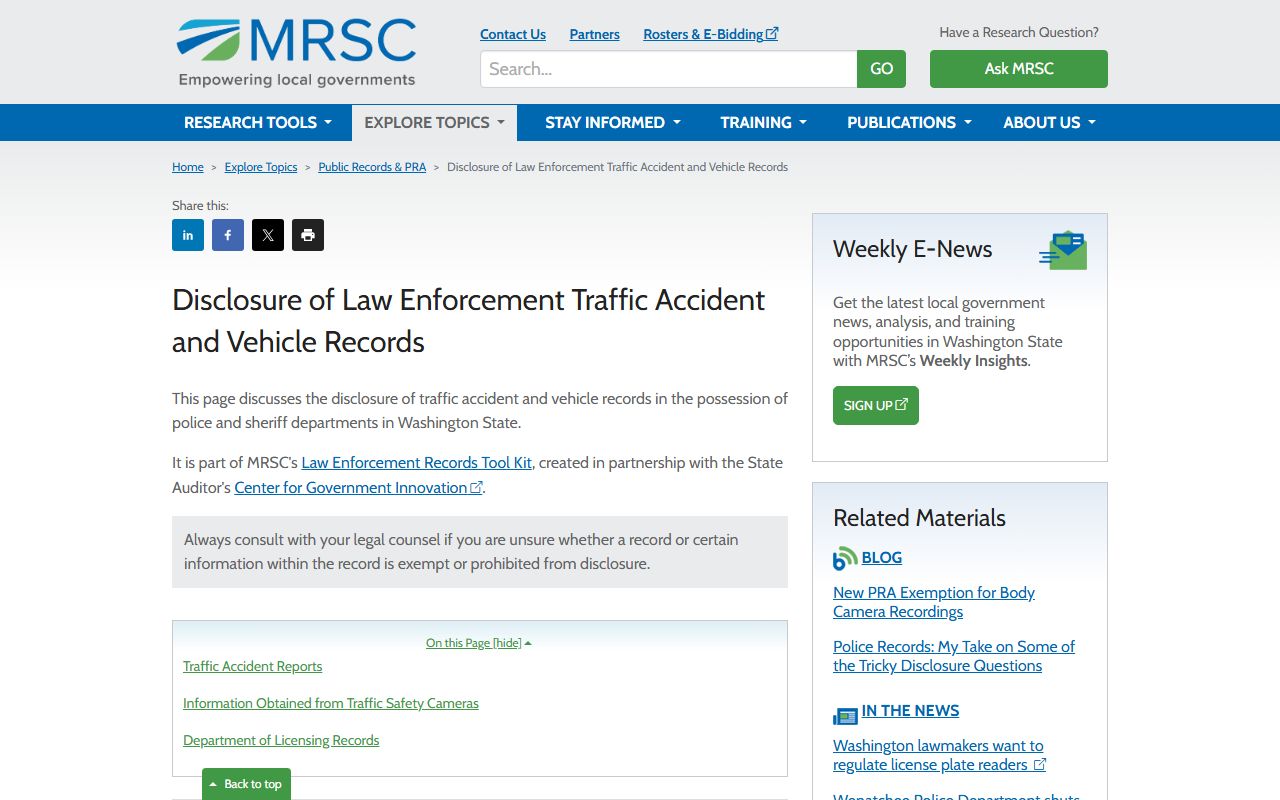 MRSC guide to Washington traffic accident vehicle police records