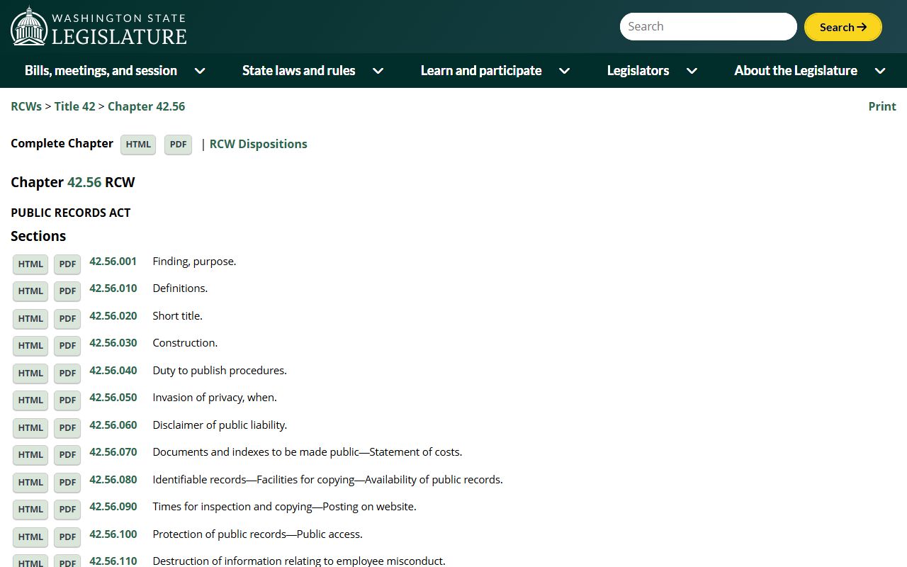 Washington Public Records Act RCW 42.56 governing police records access