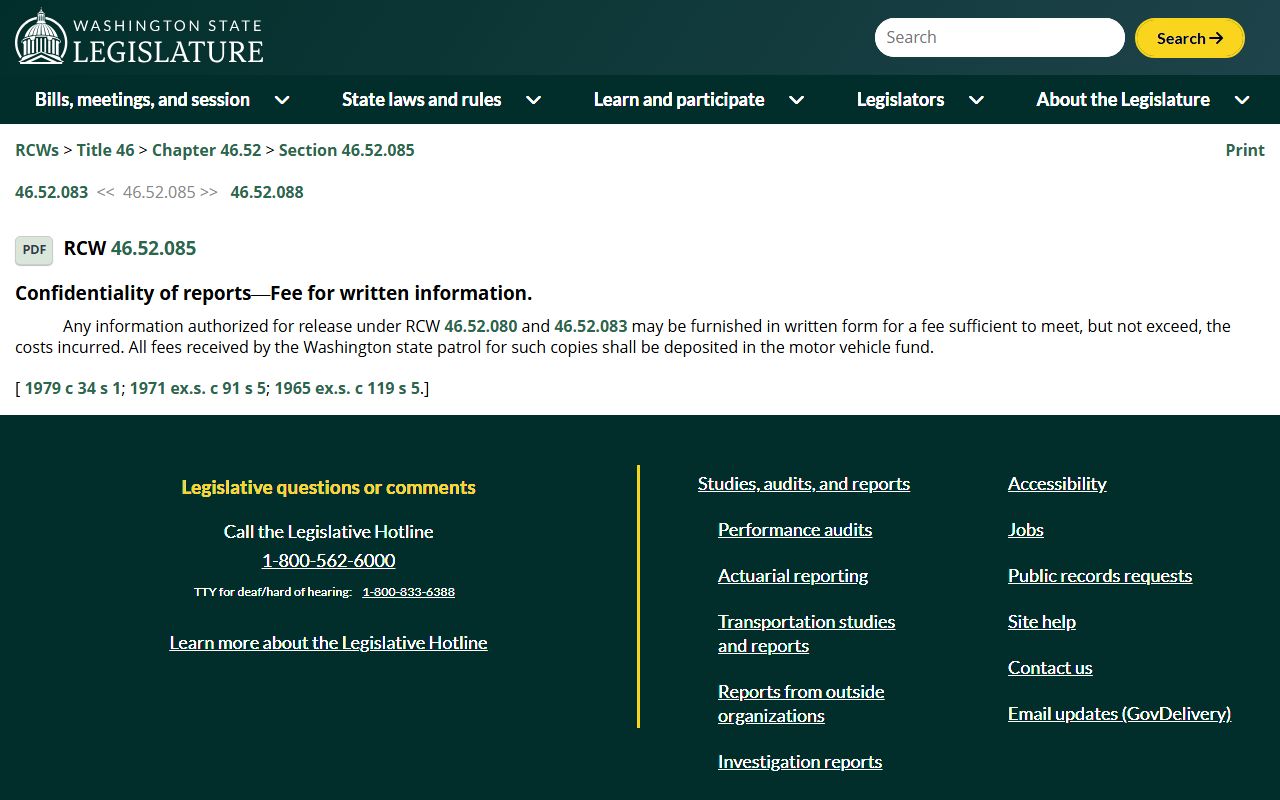 RCW 46.52.085 governing Washington collision reports and traffic police records