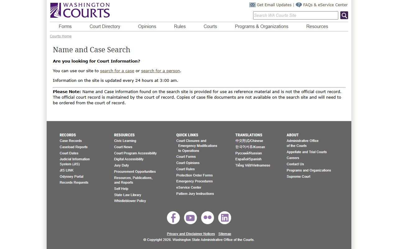 Washington Courts Name and Case Search portal for police records